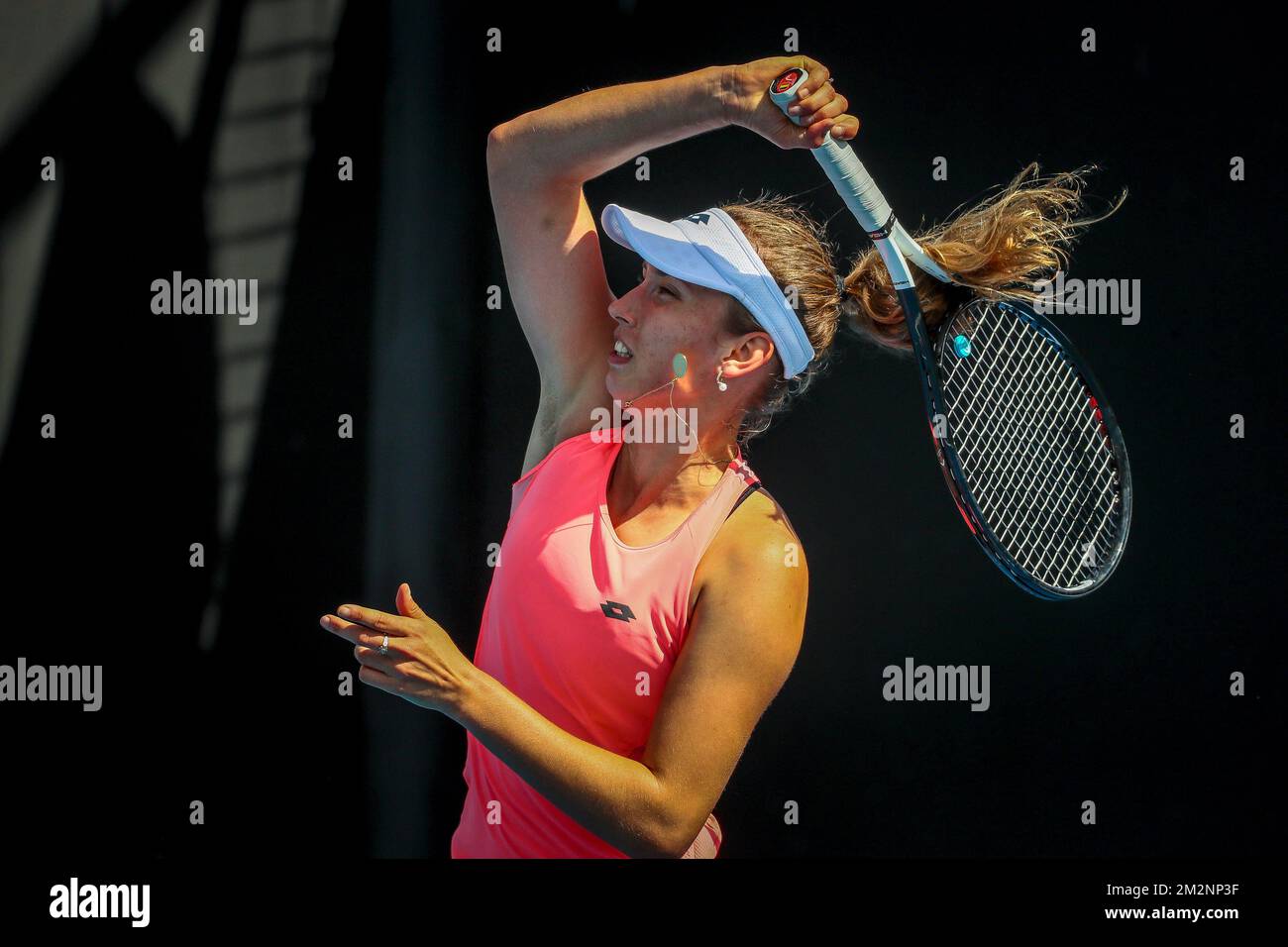 Elise Mertens è stato raffigurato in azione durante una sessione di allenamento al Grand Slam di tennis 'Australian Open', sabato 12 gennaio 2019 a Melbourne Park, Melbourne, Australia. Questo primo grande slam della stagione si svolgerà dal 14 al 27 gennaio. FOTO DI BELGA PATRICK HAMILTON Foto Stock