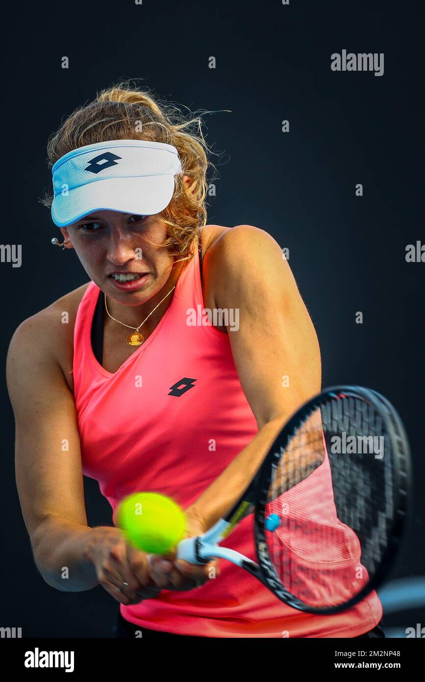 Elise Mertens è stato raffigurato in azione durante una sessione di allenamento al Grand Slam di tennis 'Australian Open', sabato 12 gennaio 2019 a Melbourne Park, Melbourne, Australia. Questo primo grande slam della stagione si svolgerà dal 14 al 27 gennaio. FOTO DI BELGA PATRICK HAMILTON Foto Stock