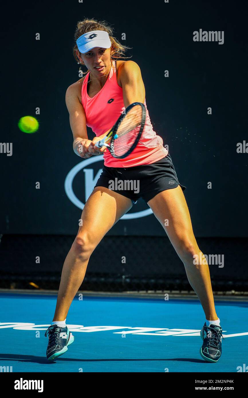 Elise Mertens è stato raffigurato in azione durante una sessione di allenamento al Grand Slam di tennis 'Australian Open', sabato 12 gennaio 2019 a Melbourne Park, Melbourne, Australia. Questo primo grande slam della stagione si svolgerà dal 14 al 27 gennaio. FOTO DI BELGA PATRICK HAMILTON Foto Stock