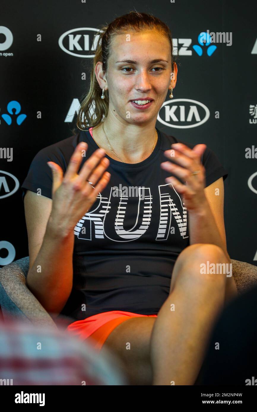 Elise Mertens parla alla stampa dopo una sessione di allenamento all'Australian Open di tennis Grand Slam, sabato 12 gennaio 2019 a Melbourne Park, Melbourne, Australia. Questo primo grande slam della stagione si svolgerà dal 14 al 27 gennaio. FOTO DI BELGA PATRICK HAMILTON Foto Stock