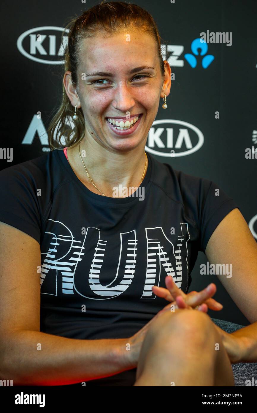 Elise Mertens parla alla stampa dopo una sessione di allenamento all'Australian Open di tennis Grand Slam, sabato 12 gennaio 2019 a Melbourne Park, Melbourne, Australia. Questo primo grande slam della stagione si svolgerà dal 14 al 27 gennaio. FOTO DI BELGA PATRICK HAMILTON Foto Stock