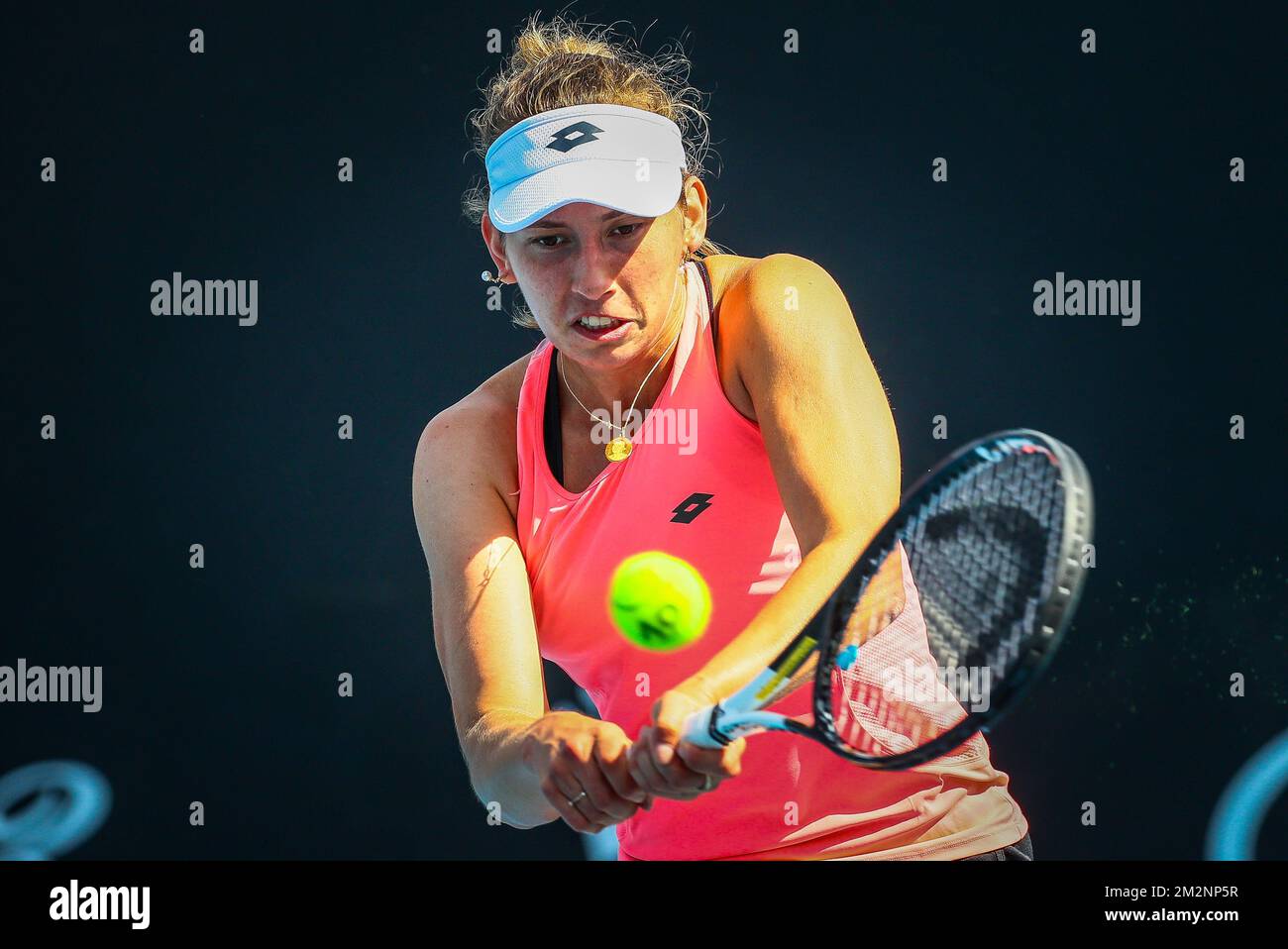 Elise Mertens è stato raffigurato in azione durante una sessione di allenamento al Grand Slam di tennis 'Australian Open', sabato 12 gennaio 2019 a Melbourne Park, Melbourne, Australia. Questo primo grande slam della stagione si svolgerà dal 14 al 27 gennaio. FOTO DI BELGA PATRICK HAMILTON Foto Stock