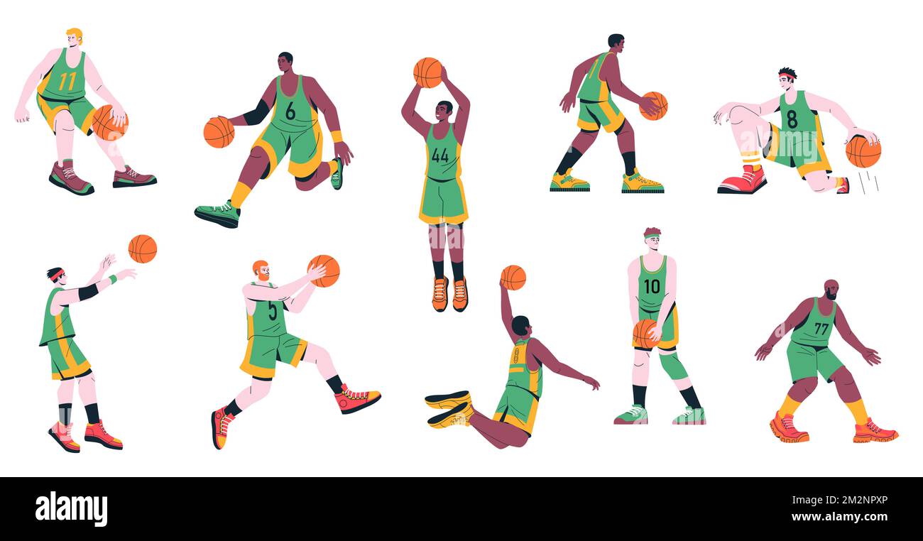 Uomini giocatori di basket. Set di personaggi maschili allenamento lancio palla nel basket, squadra sportiva in uniforme gioco cartone animato stile piatto. Vettore Illustrazione Vettoriale