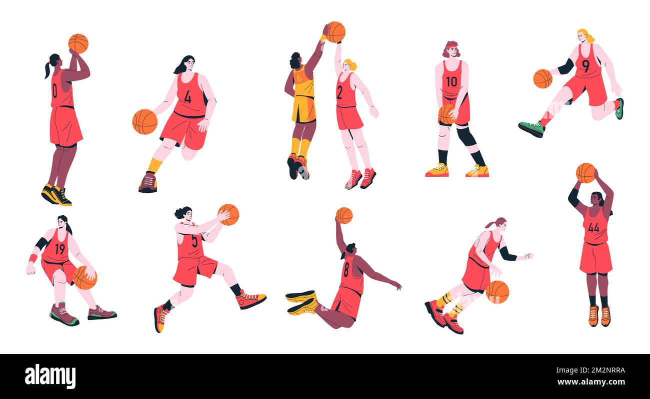 Ragazza giocatori di basket. Cartoon donna personaggi che giocano a sport game, atlete in allenamento uniforme lancio palla nel cestino. Set di colori vettoriali Illustrazione Vettoriale