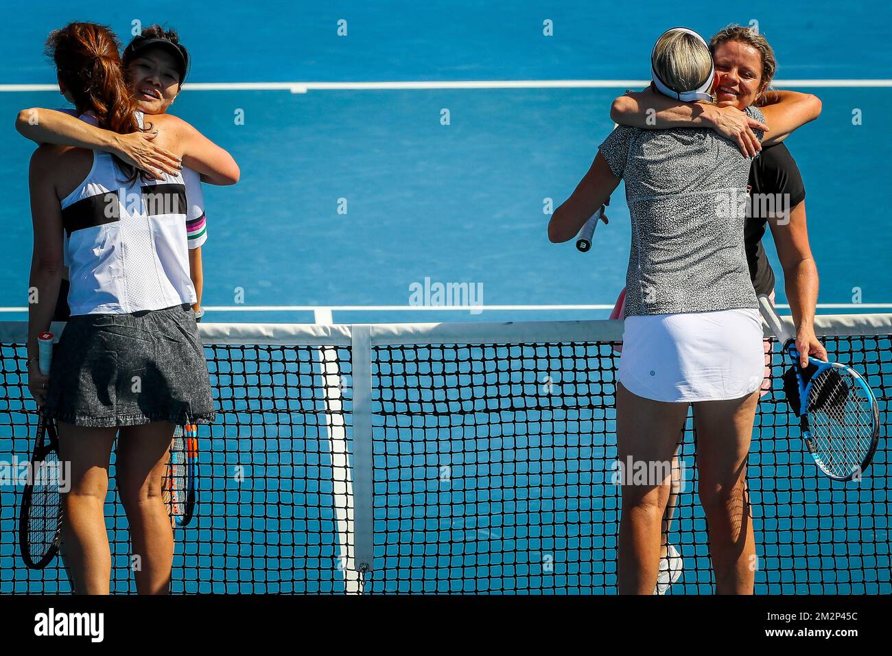 L-R, Mary Joe Fernandez, Na li, Nicole Bradtke, Kim Clijsters nella foto al termine di un primo round del raduno delle leggende femminili tra il belga Kim Clijsters e il cinese Na li e l'australiano Nicole Bradtke e gli americani Mary Joe Fernandez, al Grand Slam di tennis 'Australian Open', Mercoledì 23 gennaio 2019 a Melbourne Park, Melbourne, Australia. Gerard ha perso la foto di BELGA PATRICK HAMILTON Foto Stock