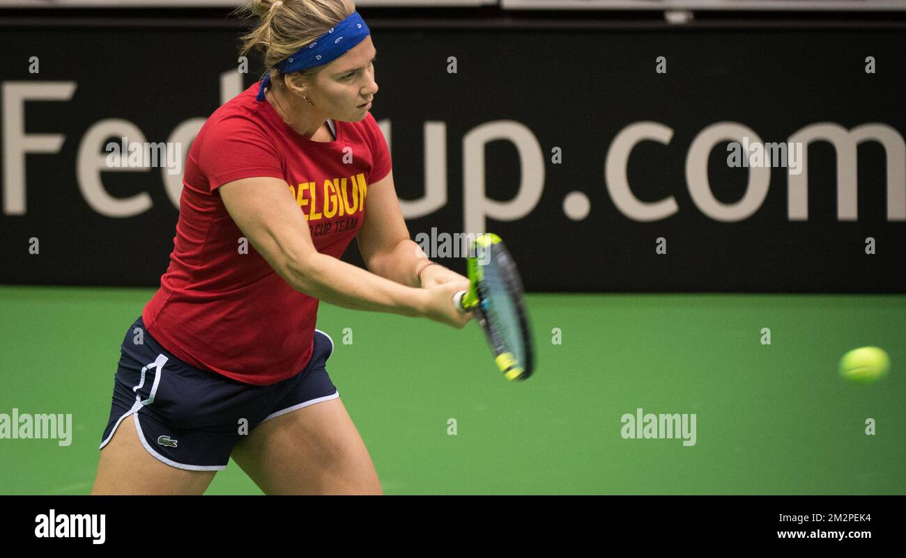 Il belga Ysaline Bonaventure raffigurato durante una sessione di allenamento, in vista della quater-finale del gioco della Fed Cup tra Belgio e Francia, nel World Group, mercoledì 06 febbraio 2019, a Liegi. BELGA FOTO BENOIT DOPPAGNE Foto Stock