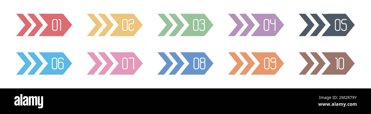 Numero Info-punto puntato grafico da 1 a 10 vettore, numeri forma freccia, numeri infografica freccia Illustrazione Vettoriale