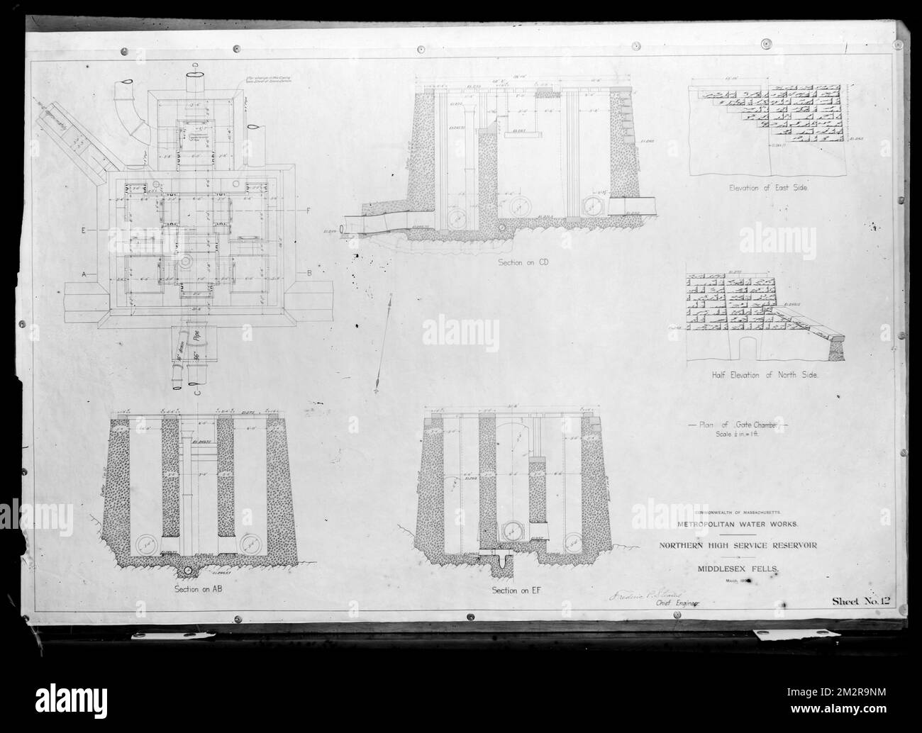 Engineering Plans, Distribution Department, Northern High Service Middlesex Fells Reservoir, foglio n. 12, Stoneham, Mass., Mar. 1898 , opere d'acqua, serbatoi strutture di distribuzione dell'acqua, mappe ingegneristiche Foto Stock