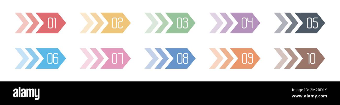 Numero Info-punto puntato grafico da 1 a 10 vettore, numeri forma freccia, numeri infografica freccia Illustrazione Vettoriale