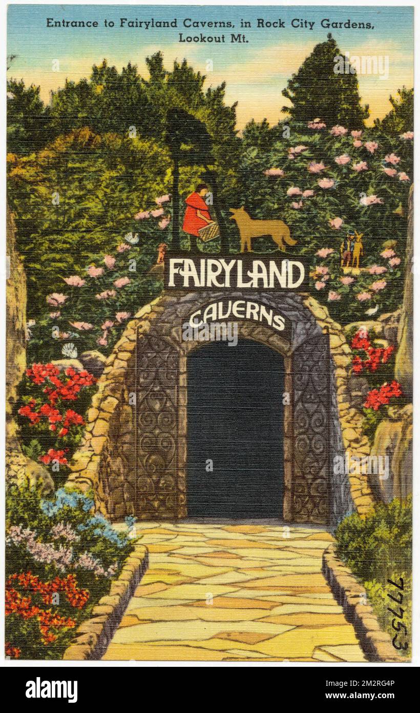 Ingresso alle Fairyland Caverns, nei Rock City Gardens, Lookout Mt. , Caves, Tichnor Brothers Collection, cartoline degli Stati Uniti Foto Stock