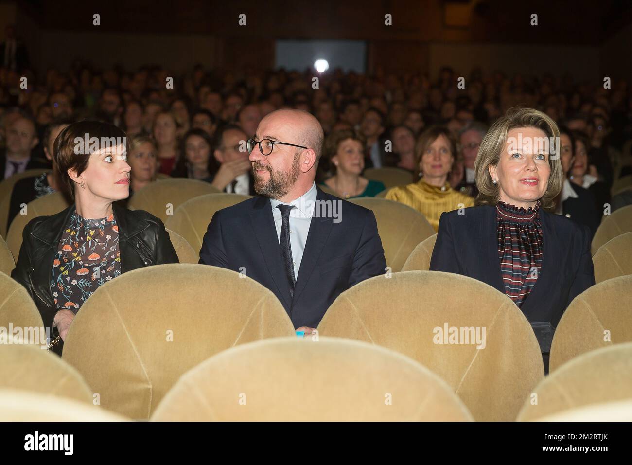 Amelie Derbaudrenghien, partner di Charles Michel, primo Ministro del Belgio Charles Michel e della Regina Mathilde del Belgio, nella foto di una cerimonia reale in occasione del 20th° anniversario di Enabel, l'agenzia belga per lo sviluppo, mercoledì 03 aprile 2019 a Bruxelles. FOTO DI BELGA JAMES ARTHUR GEKIERE Foto Stock