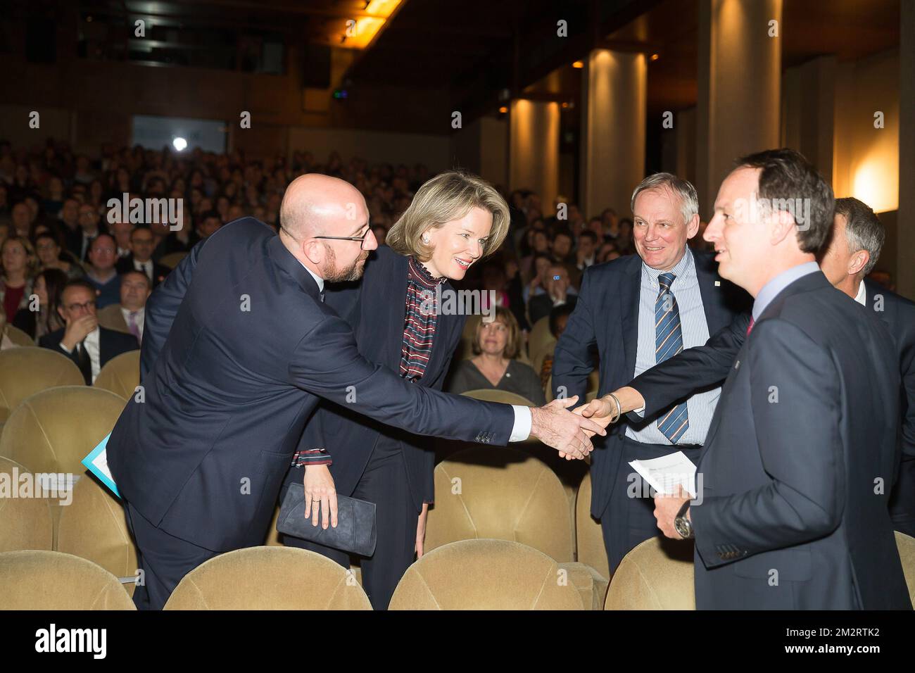 Il primo ministro belga Charles Michel e la regina belga Mathilde hanno fatto foto durante una cerimonia reale in occasione del 20th° anniversario di Enabel, l'agenzia belga per lo sviluppo, mercoledì 03 aprile 2019 a Bruxelles. FOTO DI BELGA JAMES ARTHUR GEKIERE Foto Stock