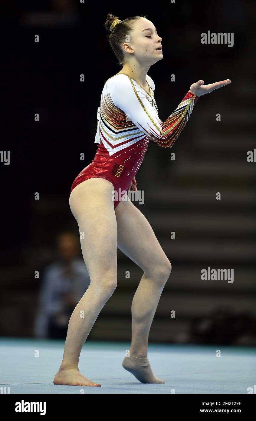 Ginnastica belga Jade Vansteenkiste ha ritratto in azione durante le qualifiche ai Campionati europei di ginnastica artistica a Szczecin, Polonia, giovedì 11 aprile 2019. La CE si svolge dal 10 al 14 aprile. FOTO DI BELGA ERIC LALMAND Foto Stock