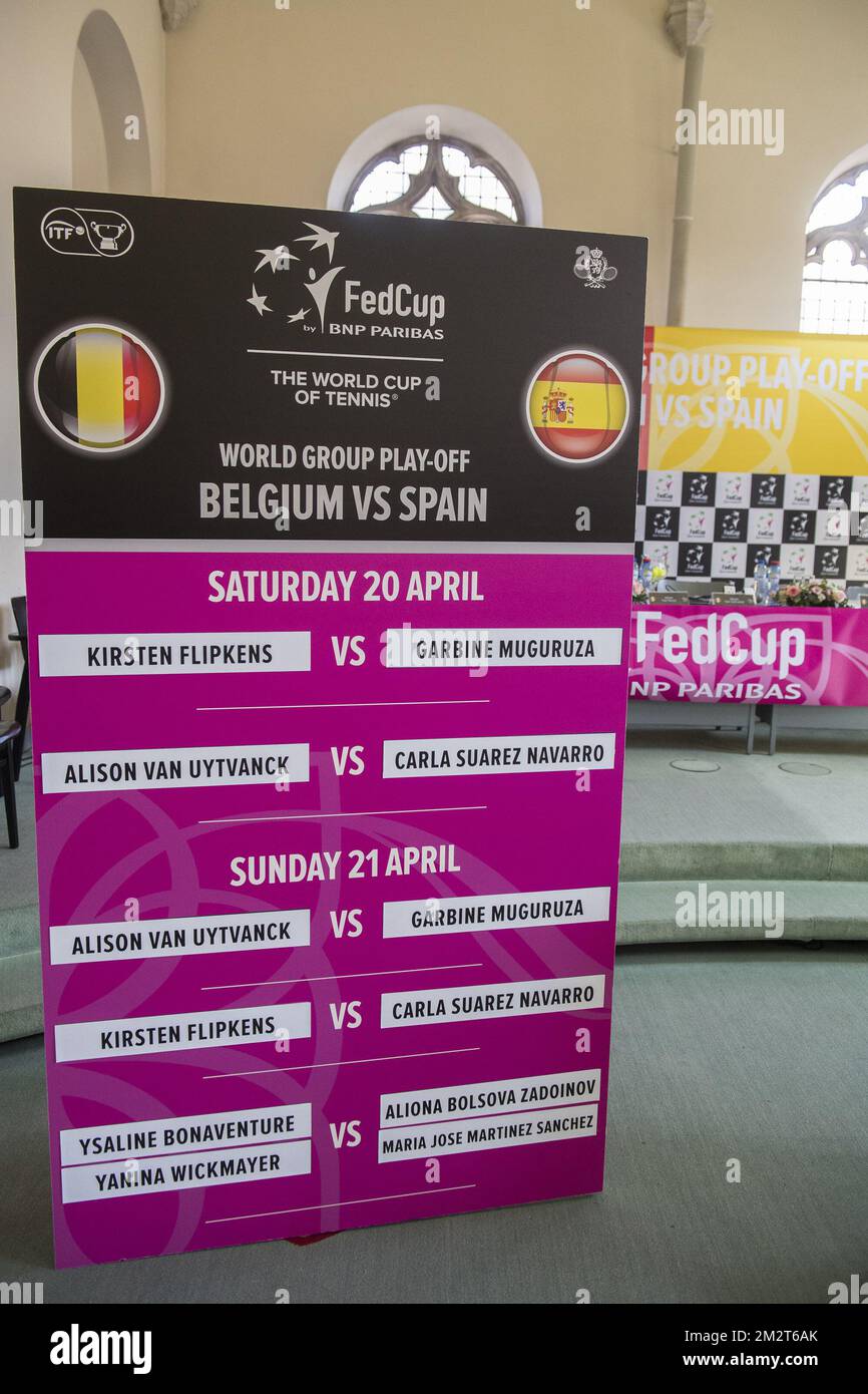 L'immagine mostra la conferenza stampa con il disegno per i play-off del Gruppo Mondiale della Fed tra Belgio e Spagna, venerdì 19 aprile 2019 a Kortrijk. Le due squadre si incontreranno questo fine settimana. FOTO DI BELGA LAURIE DIEFFEMBACQ Foto Stock
