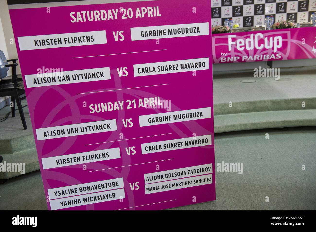 L'immagine mostra la conferenza stampa con il disegno per i play-off del Gruppo Mondiale della Fed tra Belgio e Spagna, venerdì 19 aprile 2019 a Kortrijk. Le due squadre si incontreranno questo fine settimana. FOTO DI BELGA LAURIE DIEFFEMBACQ Foto Stock