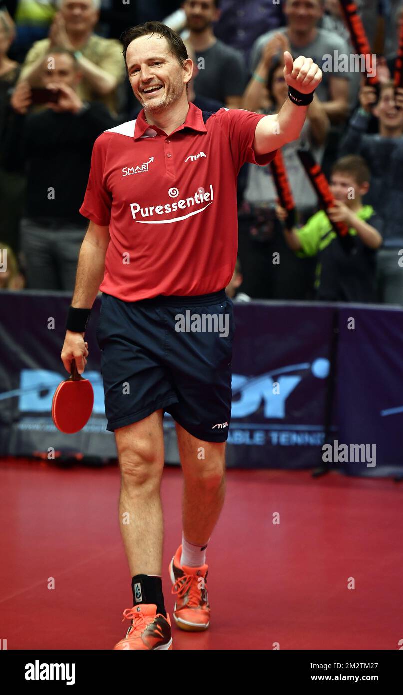 Il belga Jean-Michel Saive ha illustrato durante l'ultima partita di ping- pong del belga Jean-Michel Saive, durante l'incontro tra i club Logis  Auderghem e l'Etoile basse Sambre, giovedì 09 maggio 2019 a Bruxelles.