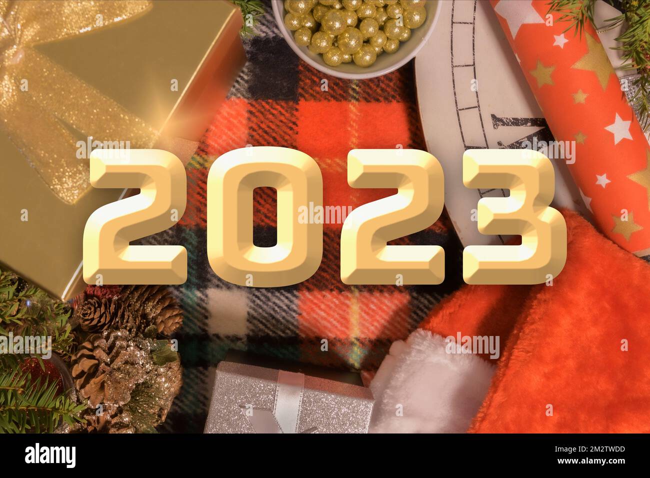 biglietto di capodanno 2023 con sfondo natalizio Foto Stock