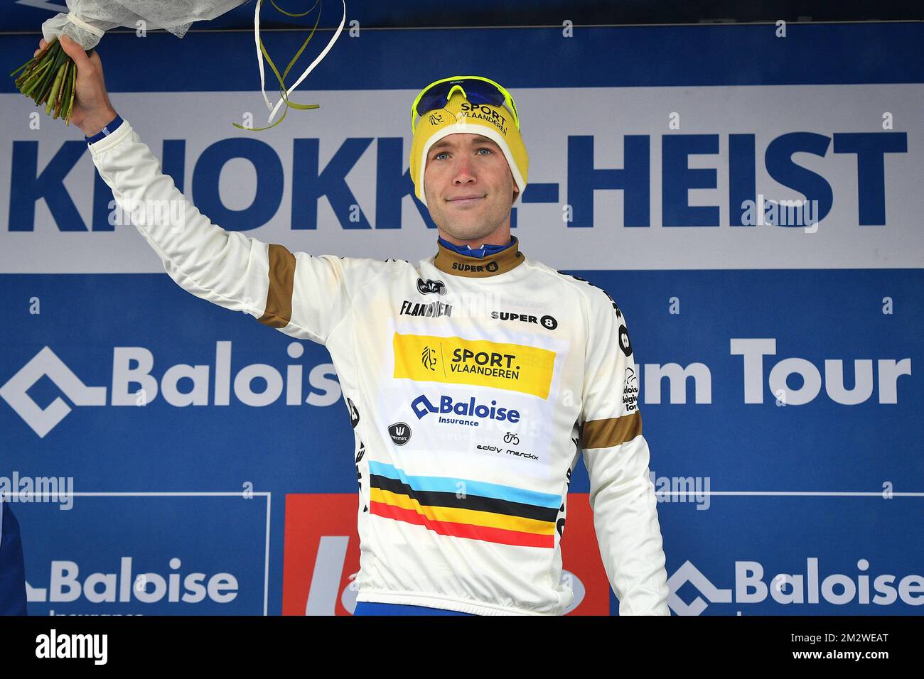 Thomas Sprengers belga dello Sport Vlaanderen-Baloise, vincitore del premio per lo spirito di combattimento (strijdlust) raffigurato sul podio dopo la prima tappa della gara ciclistica Belgium Tour di Baloise, 184,3km da Sint-Niklaas a Knokke-Heist mercoledì 12 giugno 2019. FOTO DI BELGA DAVID STOCKMAN Foto Stock
