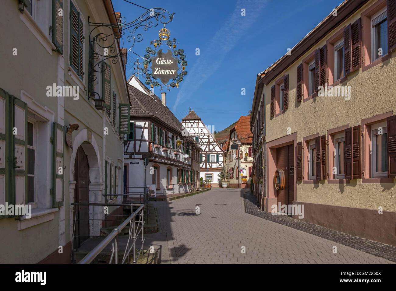 Village strada nel villaggio del vino di San Martin, Suedliche Weinstrasse, Palatinato, Renania-Palatinato, Germania Foto Stock