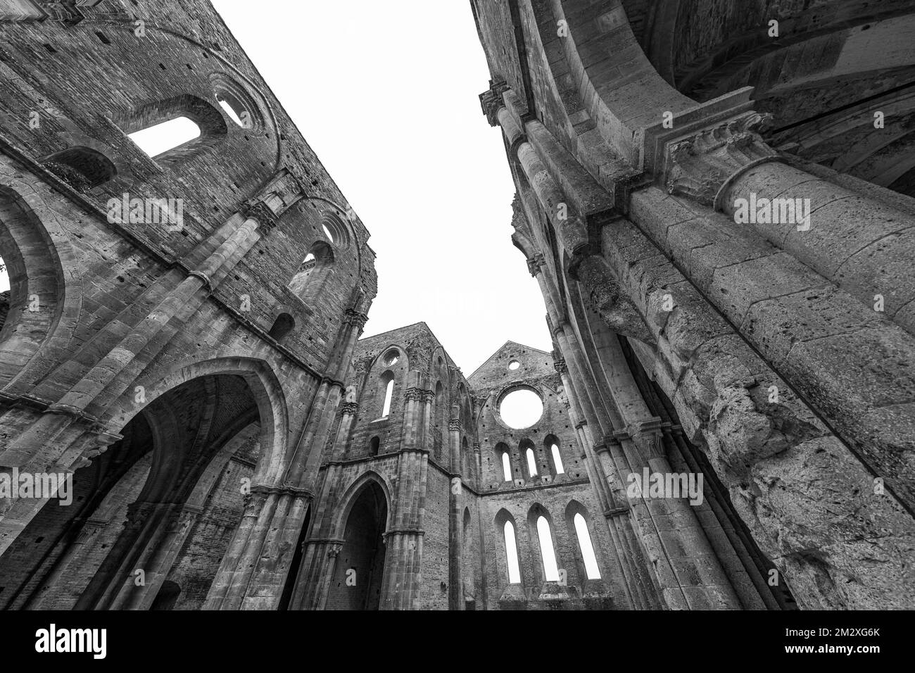 Arcate della chiesa in rovina dell'Abbazia di San Galgano, fotografia in bianco e nero, vicino a Monticiano, Toscana, Italia Foto Stock