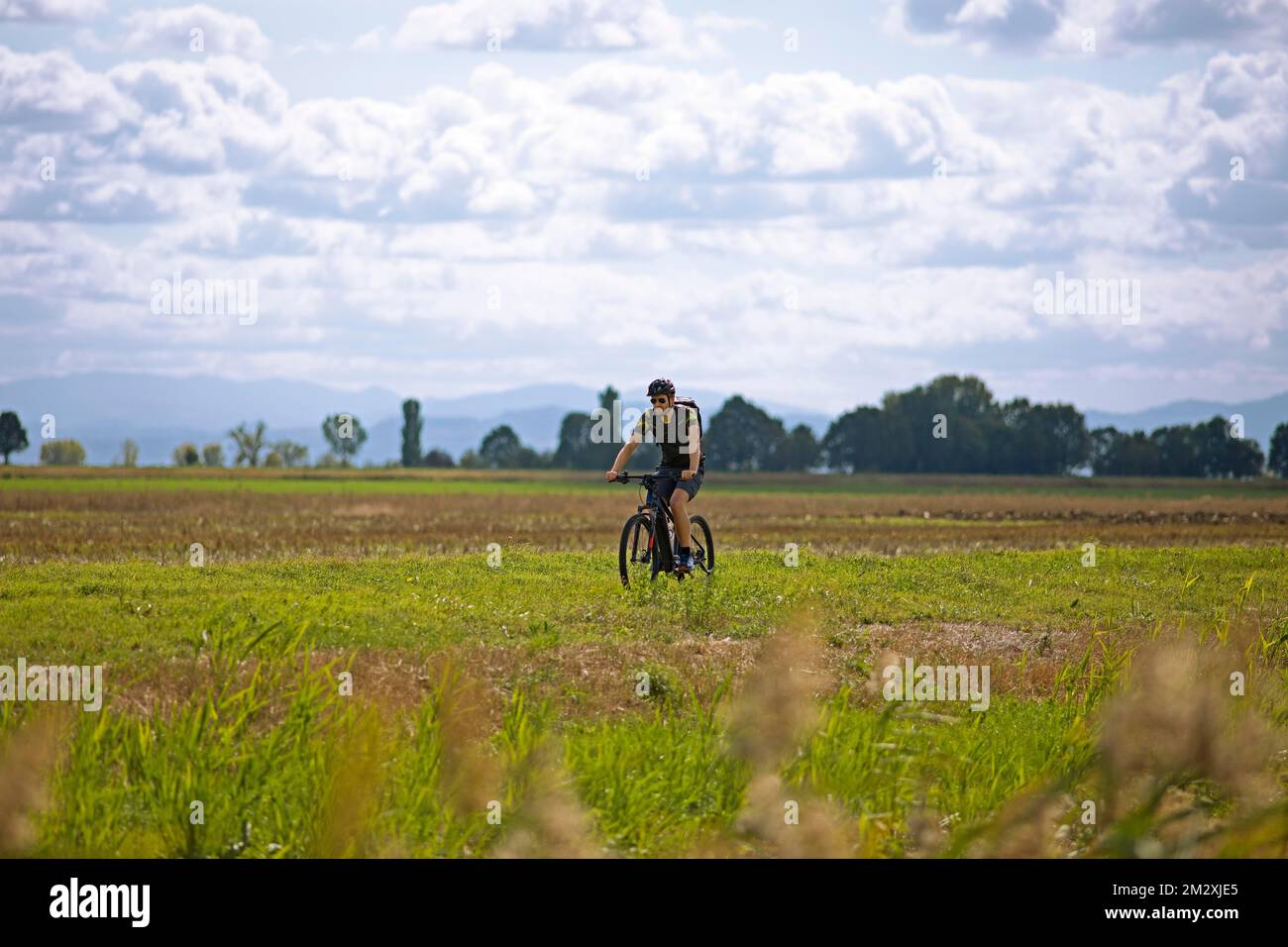 Man, 36 anni, con e-bike sulla Ciclovia del Sol, parte dell'Eurovelo 7, Enilia Romagna, Italia Foto Stock