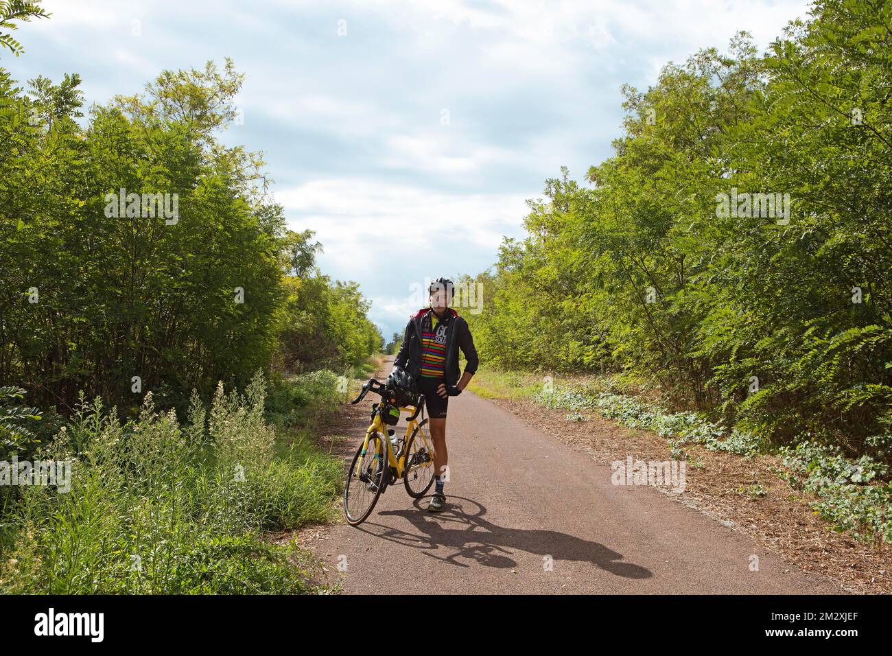Man, 55 anni, con bici da strada sulla Ciclovia del Sol, parte dell'Eurovelo 7, Enilia Romagna, Italia Foto Stock