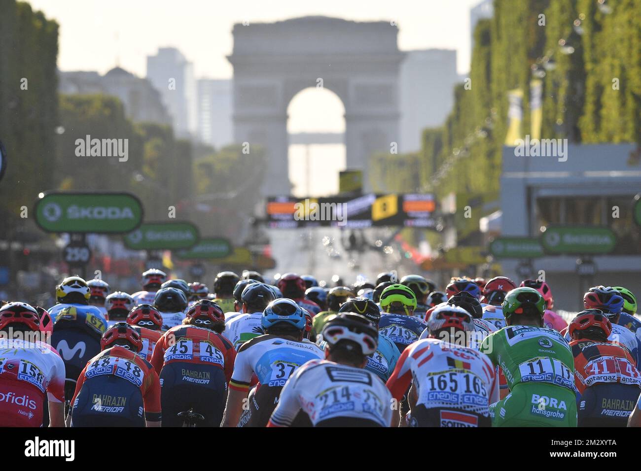 L'illustrazione mostra il pacchetto di ciclisti alla tappa finale della 106th edizione della gara ciclistica Tour de France, da Rambouillet agli Champs-Elysees di Parigi (128km), Francia, domenica 28 luglio 2019. Il Tour de France di quest'anno inizia a Bruxelles e si svolge dal 6th al 28th luglio. FOTO DI BELGA DAVID STOCKMAN Foto Stock