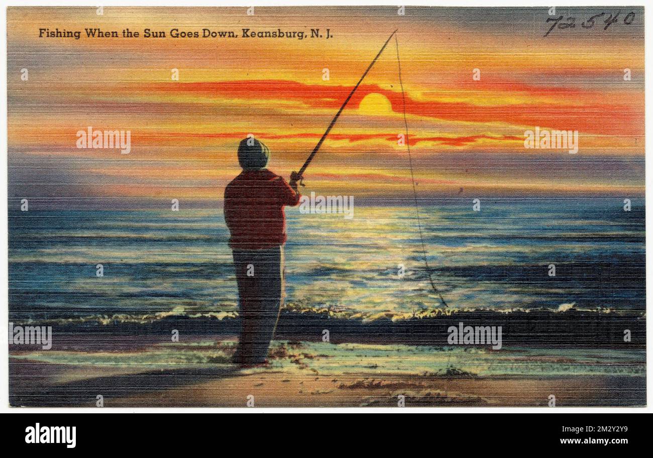 Pesca quando il sole tramonta, Keansburg, N.J.. , Spiagge, Tichnor Brothers Collection, cartoline degli Stati Uniti Foto Stock