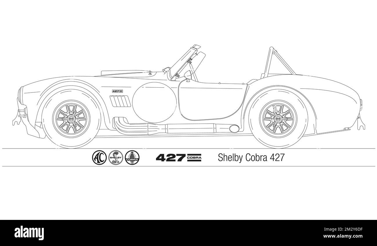 Stati Uniti, anno 1963, Shelby Cobra 427 auto sportiva ragno vintage, delineato su sfondo bianco, illustrazione Foto Stock