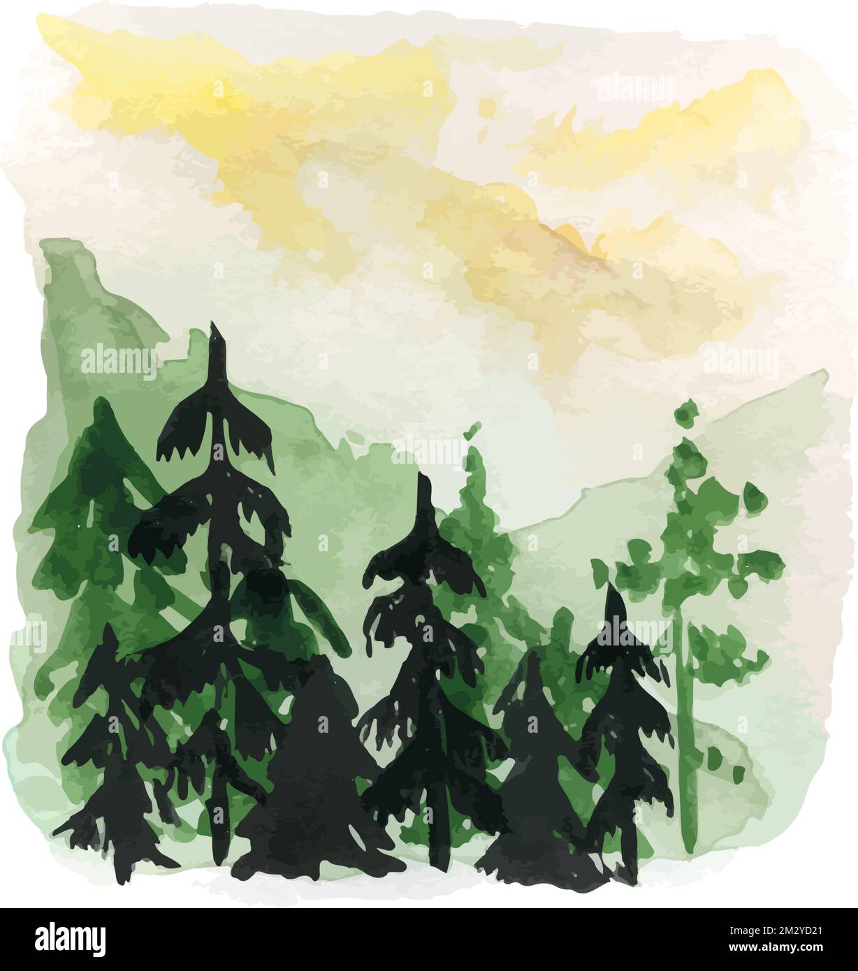 Acquerello disegnata a mano Silhouette Illustrazione di Pir Tree Panorama e Hazy Mountains. Il Foggy in mattinata appaiono tra Valley for Design Illustrazione Vettoriale