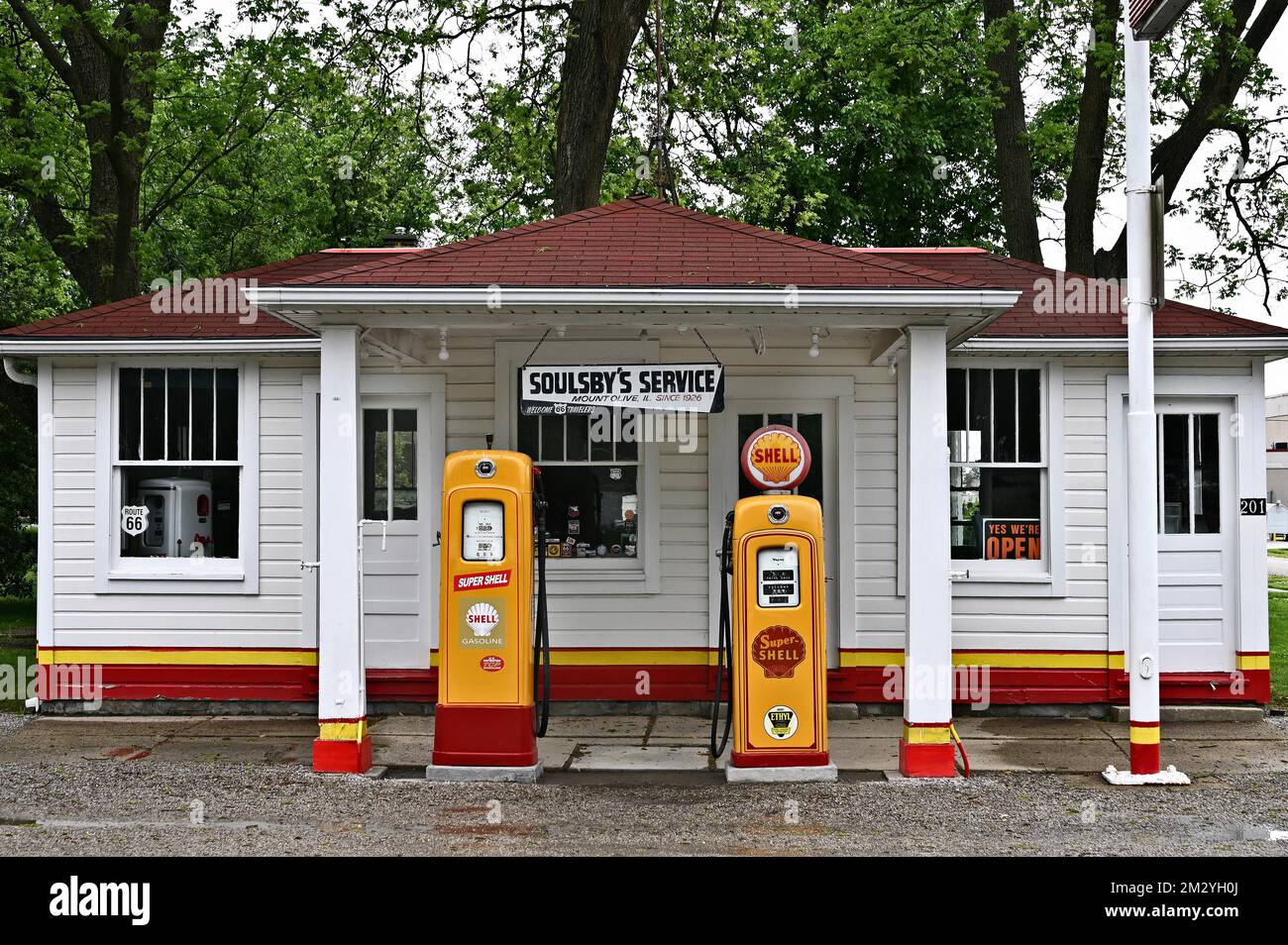 Soulsby Shell Station del 1926, Mt. Olive, Illinois, Stati Uniti d'America Foto Stock
