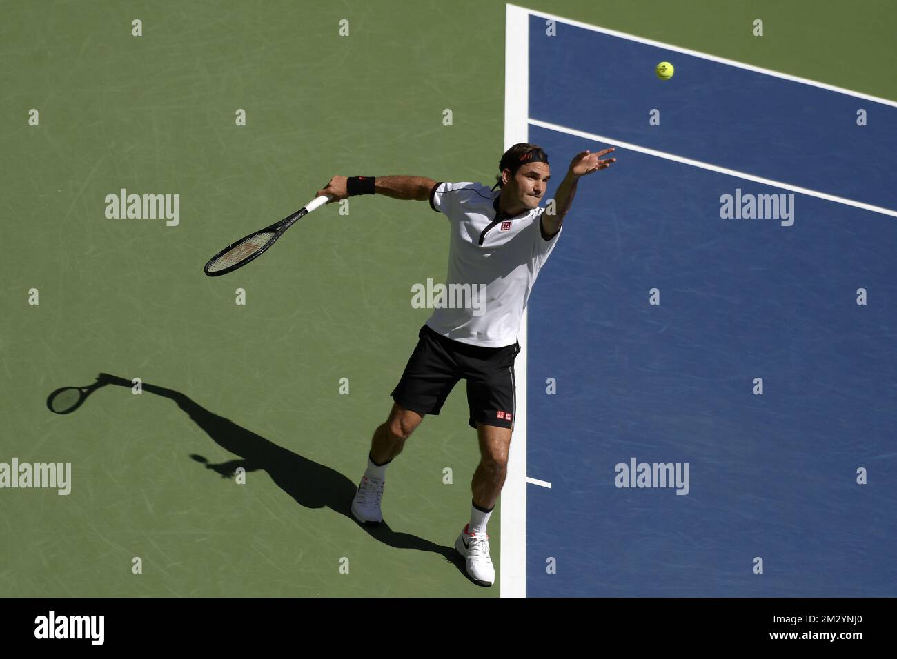 Lo svizzero Roger Federer ha mostrato in azione il quinto giorno del torneo di tennis US Open Grand Slam, a Flushing Meadow, a New York City, USA, venerdì 30 agosto 2019. FOTO DI BELGA YORICK JANSENS Foto Stock