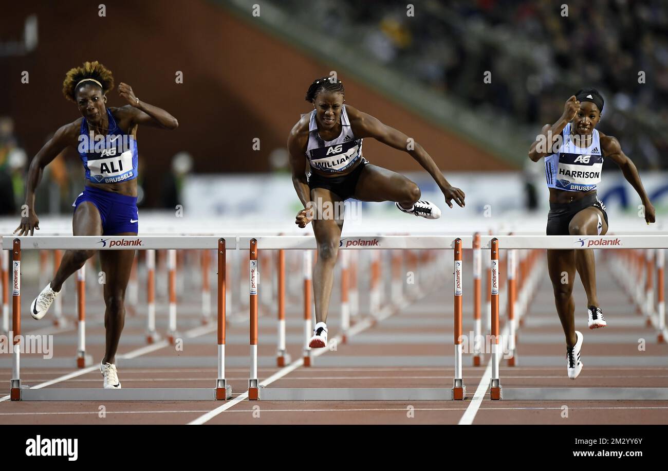 US Nia Ali, Giamaica Danielle Williams e US Kendra Harrison hanno mostrato in azione durante la gara di ostacoli femminile del 100m all'edizione 2019 dell'AG Insurance Memorial Van Damme IAAF Diamond League, riunione di atletica, venerdì 06 settembre 2019 a Bruxelles. FOTO DI BELGA JASPER JACOBS Foto Stock