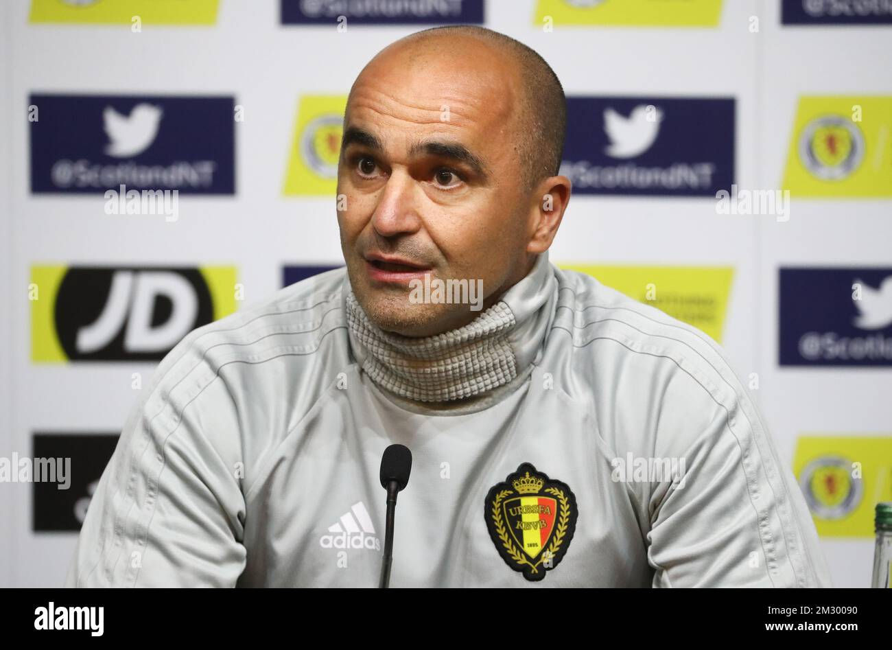 Il capo allenatore belga Roberto Martinez ha illustrato durante una conferenza stampa della nazionale belga The Red Devils presso lo stadio Hampden Park di Glasgow, Scozia, domenica 08 settembre 2019. Il team si sta preparando per la qualificazione Euro 2020, contro la Scozia lunedì prossimo. BELGA PHOTO VIRGINIE LEFOUR Foto Stock