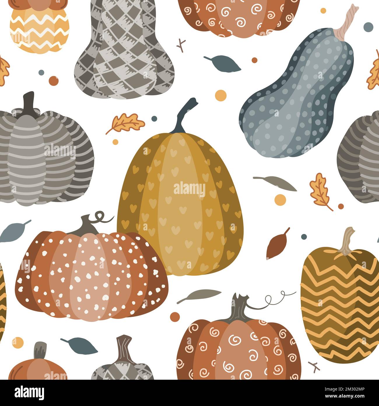 Motivo senza cuciture con zucche insolite con ornamento di doodle. Illustrazione vettoriale. Halloween o sfondo giorno del Ringraziamento, tavolozza boho Illustrazione Vettoriale