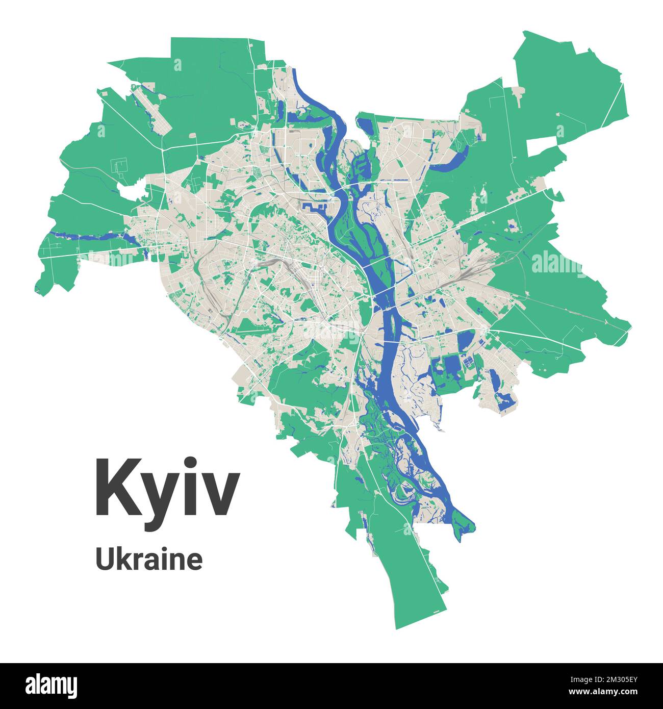 Mappa della città di Kiev con confini amministrativi. Dnieper fiume, foreste, strade, ferrovia. Capitale dell’Ucraina illustrazione vettoriale. Illustrazione Vettoriale