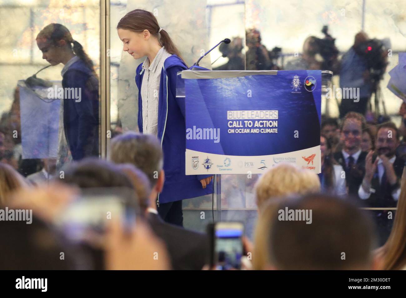 Greta Thunberg, attivista per il clima, ha illustrato nel corso di un "Blue Leaders Breakfast Meeting" - invito all'azione su Oceano e clima, a margine della 74th sessione dell'Assemblea Generale delle Nazioni Unite (UNGA 74), a New York City, Stati Uniti d'America, mercoledì 25 settembre 2019. BELGA FOTO BENOIT DOPPAGNE Foto Stock