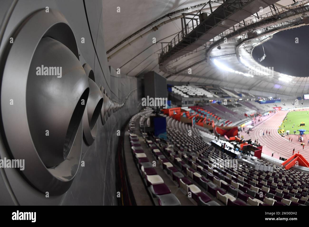 L'immagine mostra la pista e i posti a sedere, durante i preparativi prima dell'inizio dei Campionati Mondiali di Atletica IAAF a Doha, Qatar, mercoledì 25 settembre 2019. I Mondi si svolgono dal 27 settembre al 6 ottobre. FOTO DI BELGA DIRK WAEM Foto Stock