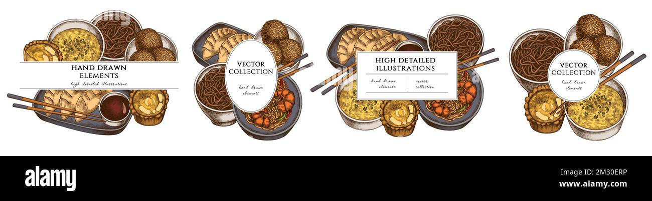 Template di cornice disegnati a mano per alimenti asiatici. Illustrazioni vintage di jiaozi, jian dui, crostata d'uovo, tagliatelle con gamberi, zuppa d'uovo, ciotola di tagliatelle. Illustrazione Vettoriale