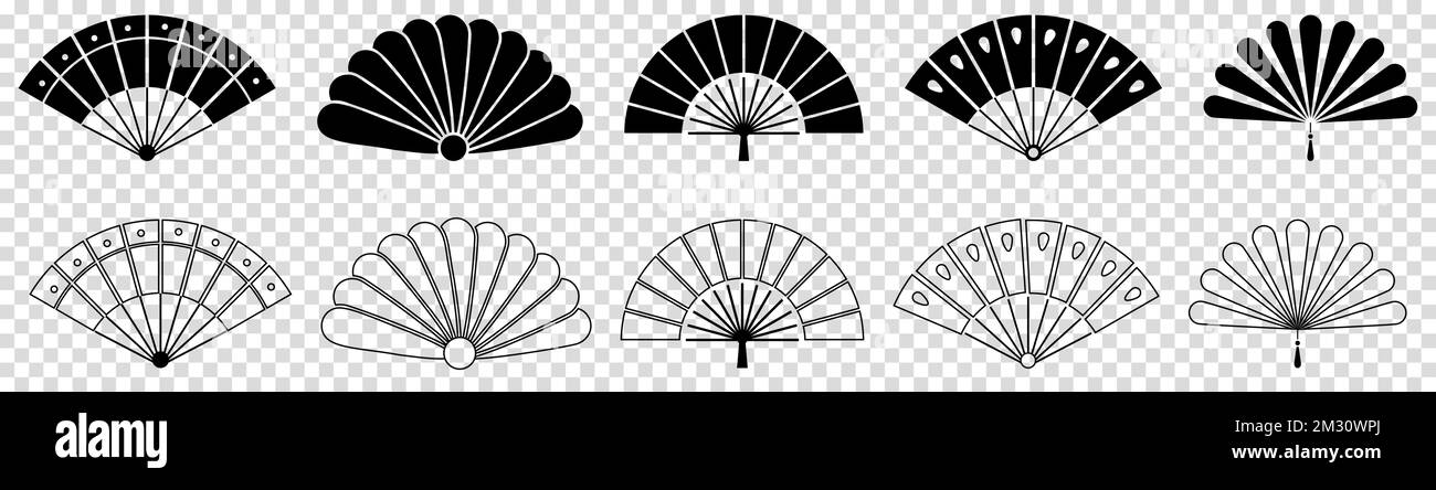 Collezione di icone di ventilatori a mano. Accessorio pieghevole orientale. Illustrazione vettoriale isolata su sfondo trasparente Illustrazione Vettoriale