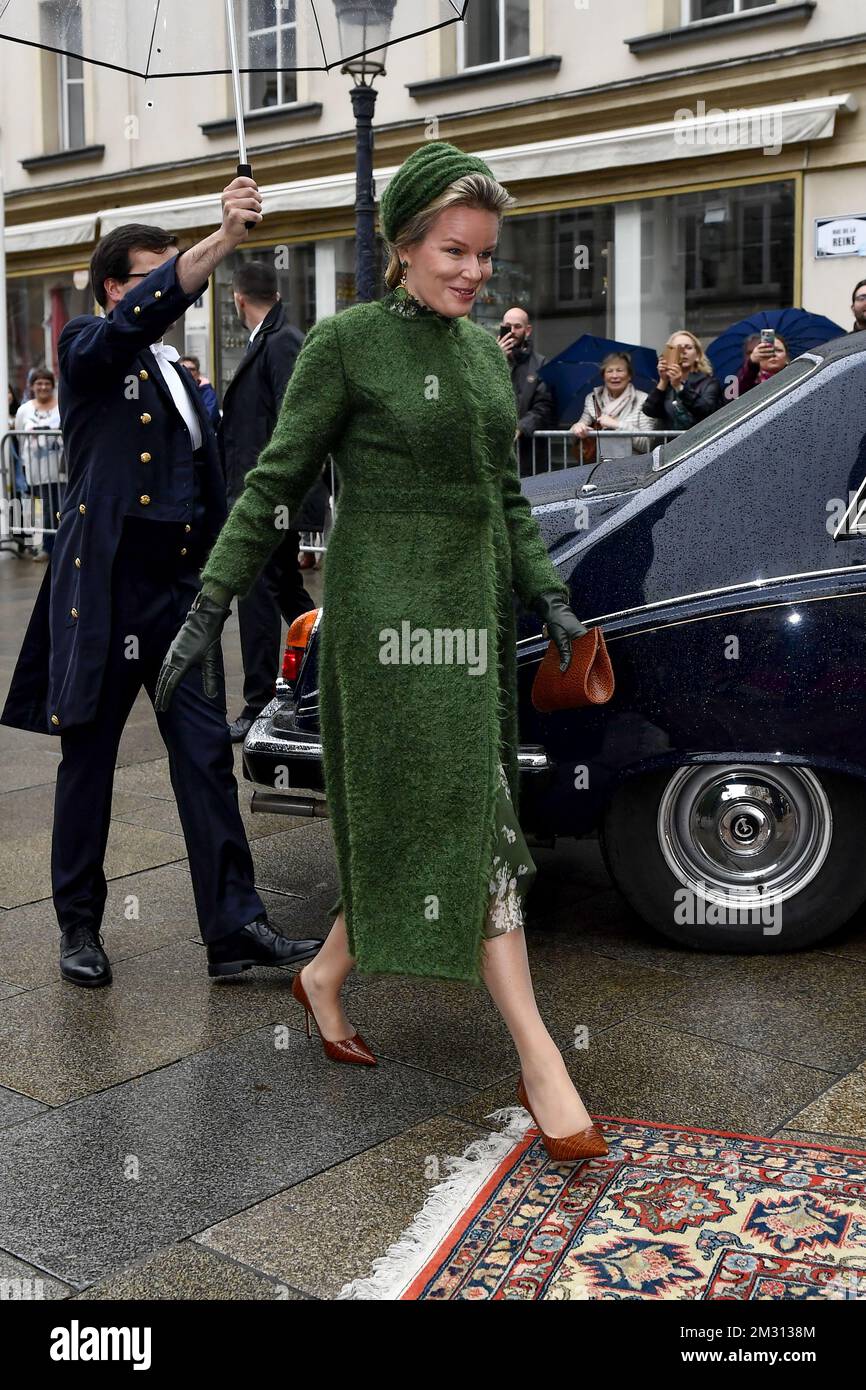 La regina Mathilde del Belgio arriva per la cerimonia ufficiale di benvenuto al Palazzo Granducale con inni nazionali, la revisione della Guardia d'onore, il saluto della bandiera e la presentazione delle delegazioni nella corte esterna, Il primo giorno di una visita di Stato della coppia reale belga a Lussemburgo, martedì 15 ottobre 2019. FOTO DI BELGA DIRK WAEM Foto Stock