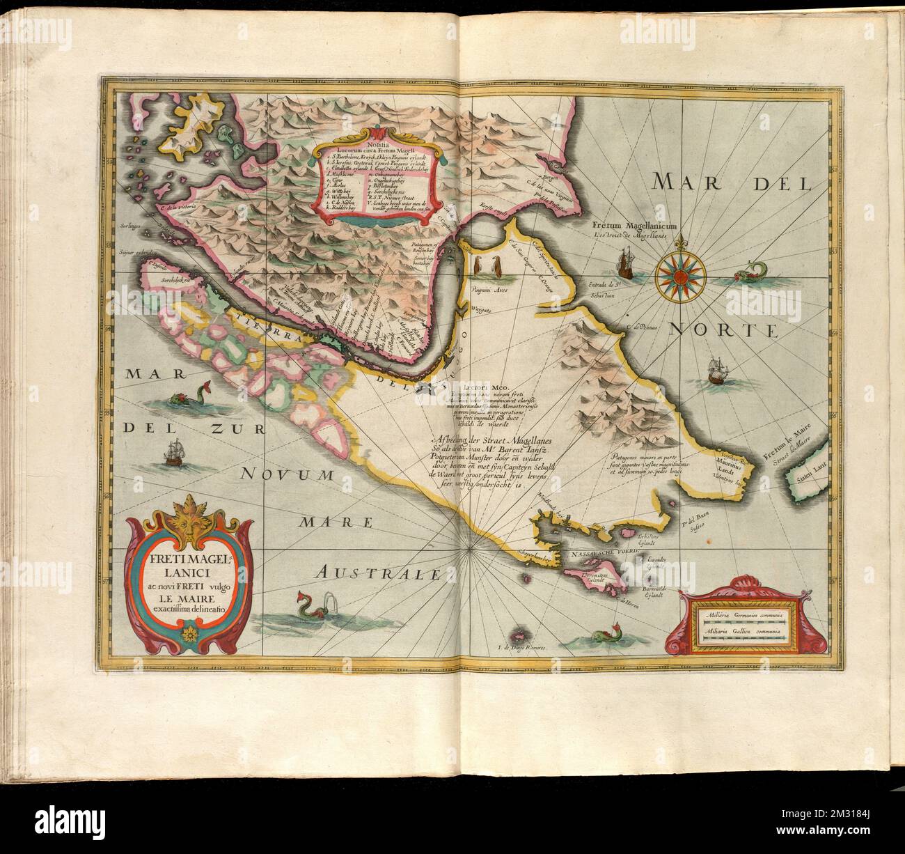 Freti Magellanici ac novi freti vulgo le Maire exactissima delineatio - Afbeelding der Straet Magellanes : so als de selve van MR. Barent Iansz : Potgeieter van Munster door en weder door bevaren met syn Capiteyn Sebald de Waerd met groot pericul syns levens seer naerstig onderfocht is , Magellan, stretto del Cile e dell'Argentina, Mappe, primi lavori del 1800 Norman B. Leventhal Map Center Collection Foto Stock