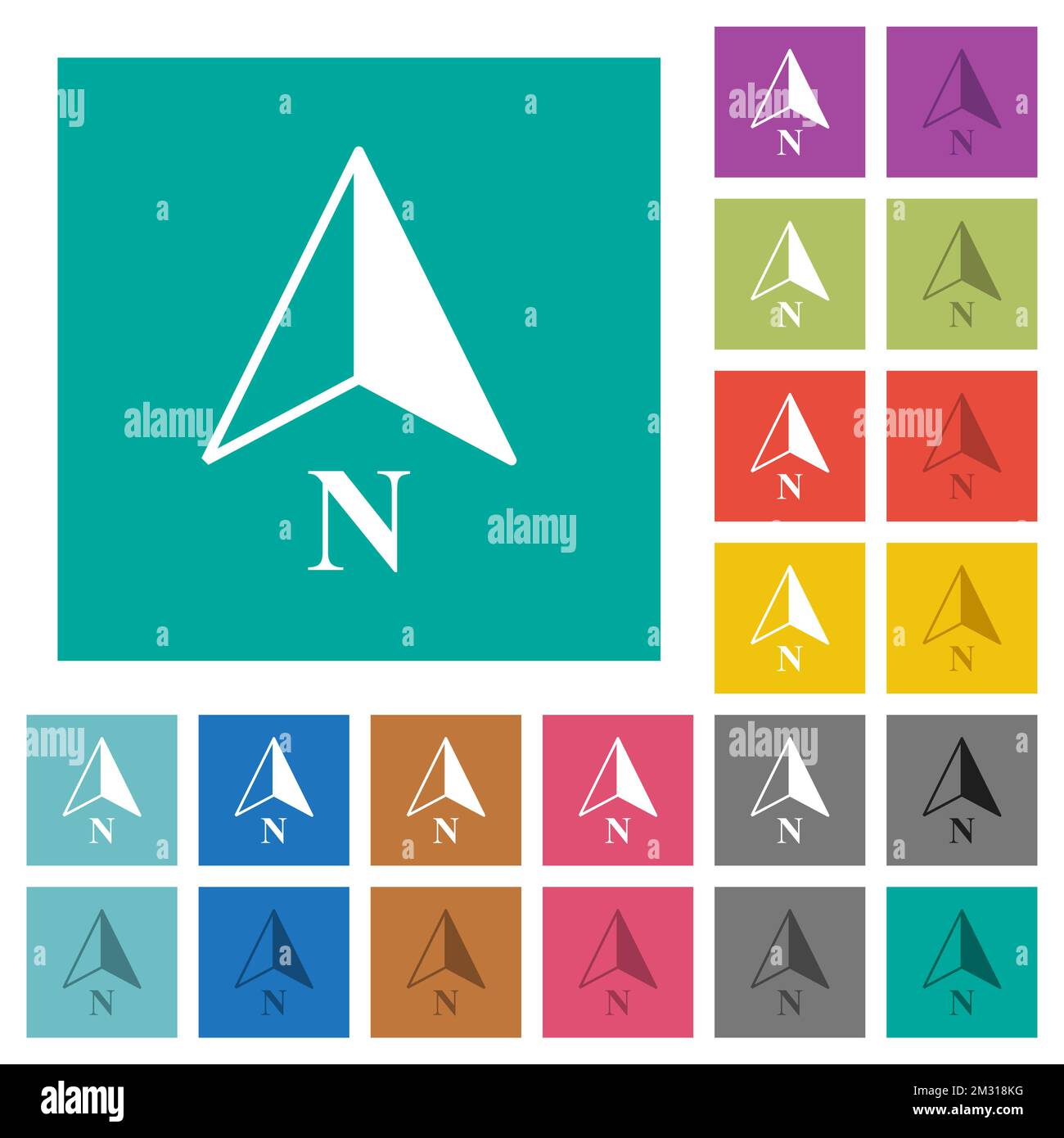 Direzione nord bussola icone piatte multicolore su sfondi quadrati semplici. Sono state incluse le variazioni delle icone bianche e scure per gli effetti attivi o al passaggio del mouse. Illustrazione Vettoriale