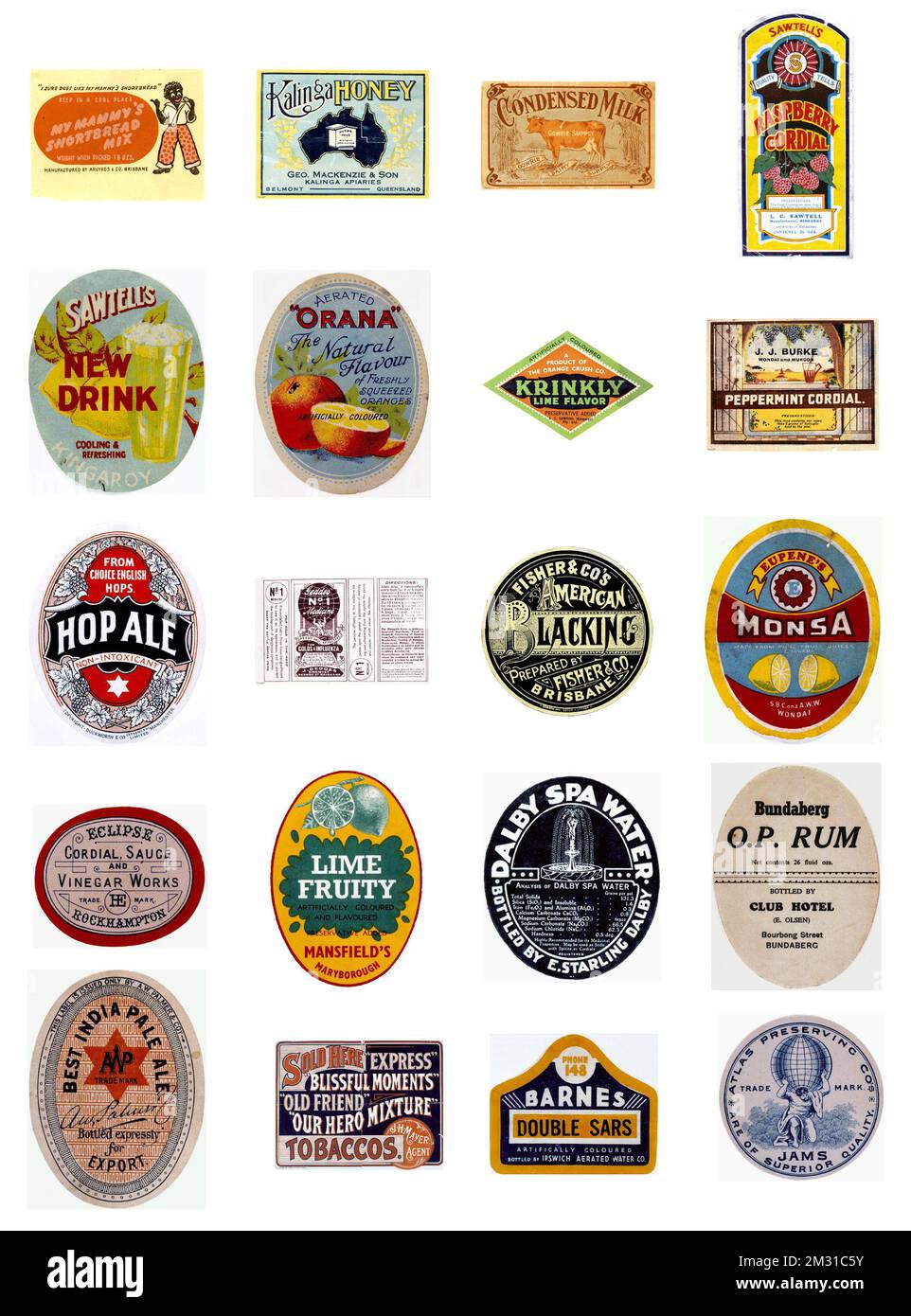 Una selezione di etichette vintage organizzate in griglia su sfondo bianco. Foto Stock