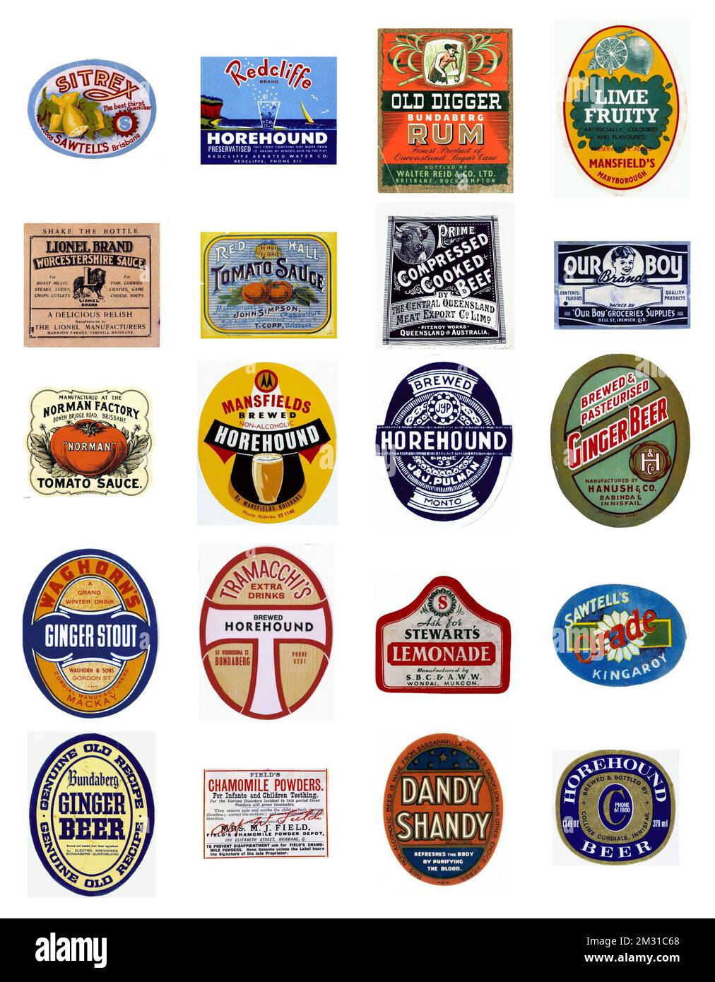 Una selezione di etichette vintage organizzate in griglia su sfondo bianco. Foto Stock