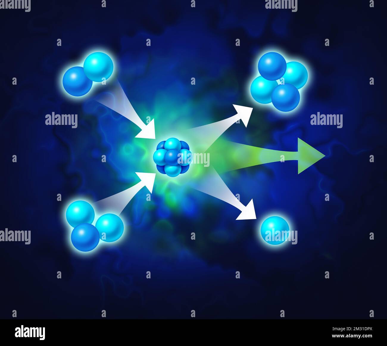 Concetto di energia di fusione e fisica di generazione di energia nucleare simbolo di scienza come forme astratte che rappresentano elementi concettuali microscopici con elio Foto Stock