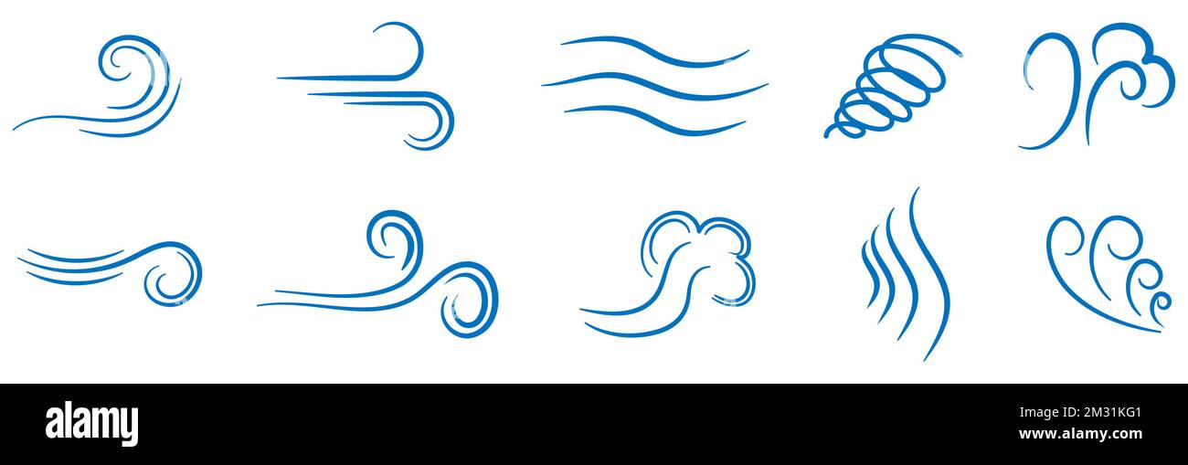 Icona del vento di colore blu. Illustrazione vettoriale isolata su sfondo bianco Illustrazione Vettoriale