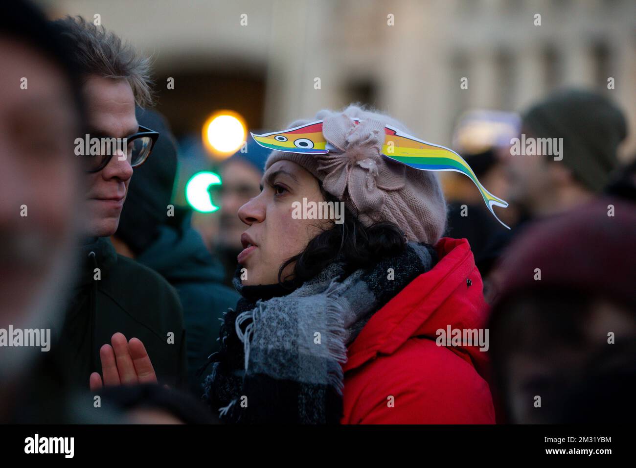 L'immagine mostra una dimostrazione del movimento sardino di sinistra, sabato 14 dicembre 2019 a Bruxelles. Il movimento Sardine è stato lanciato in Italia come protesta contro il partito della Lega anti-immigrazione guidato da Salvini. FOTO DI BELGA NICOLAS MAETERLINCK Foto Stock