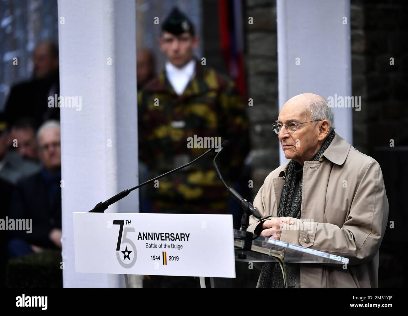 Un veterano tiene un discorso in occasione della commemorazione del 75th° anniversario della Battaglia delle Bulge, lunedì 16 dicembre 2019, al Mardasson Memorial di Bastogne. La Battaglia si è svolta durante la seconda guerra mondiale dal dicembre 16th 1944 al gennaio 25th 1945. FOTO DI BELGA DIRK WAEM Foto Stock