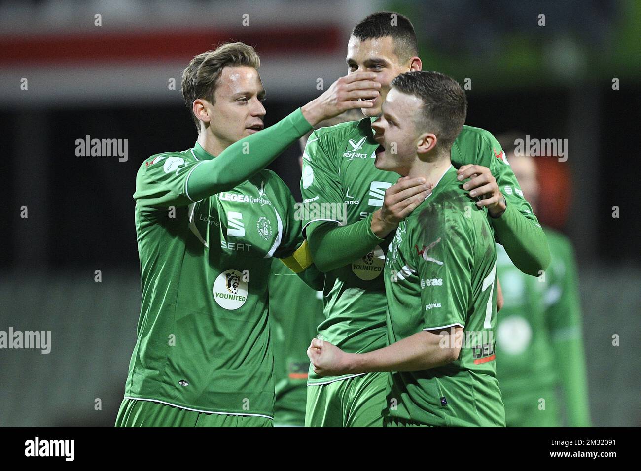 Il Kolbeinn Thordarson di Lommel festeggia dopo aver segnato la partita di calcio tra Lommel SK e Beerschot VA, venerdì 20 dicembre 2019 a Lommel, il giorno 20 della divisione 1B della 'Proximus League' del campionato di calcio belga. FOTO DI BELGA YORICK JANSENS Foto Stock